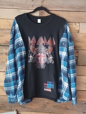Upcycled Black Band  Graphic Tee with Blue Plaid Sleeves -